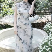 复古盘扣印花中长款旗袍